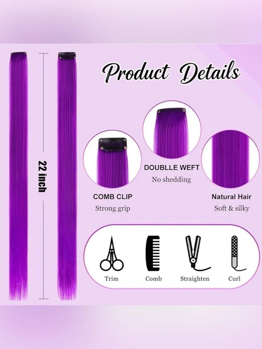 💞 New 6 Pack of 22” Purple Synthetic Clip In Hair Extensions